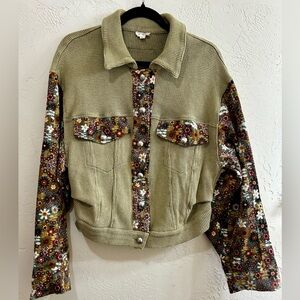 POL Olive and Floral Jean Jacket
